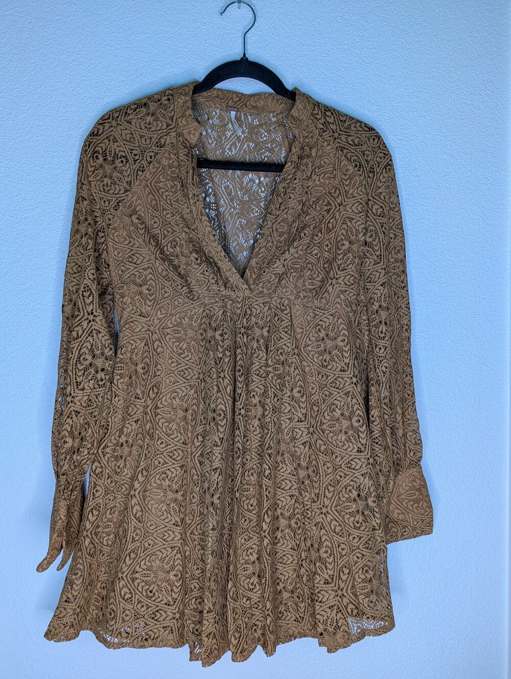 Free People Women's Lace Mini Dress 6 Brown Olive Long Sleeve Boho Romantic Chic